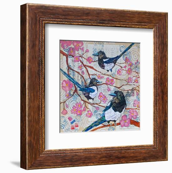 Magpies And Pink Blossoms-null-Framed Art Print