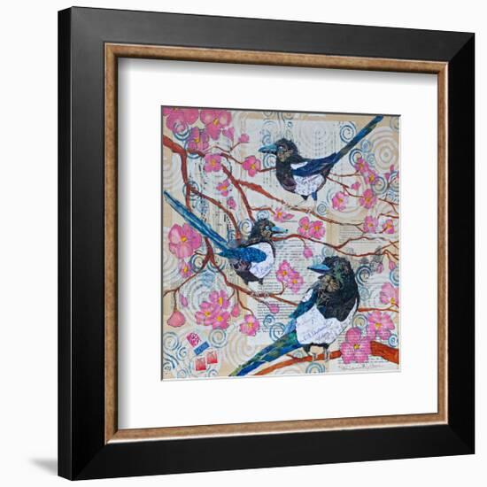 Magpies And Pink Blossoms-null-Framed Art Print