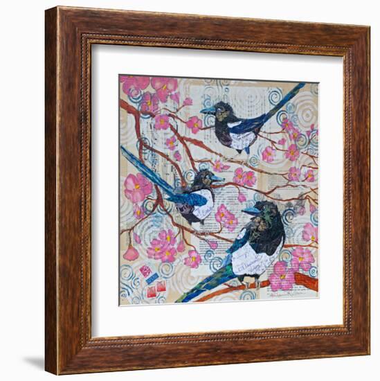 Magpies And Pink Blossoms-null-Framed Art Print