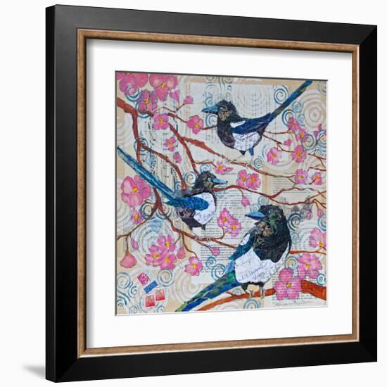 Magpies And Pink Blossoms-null-Framed Art Print