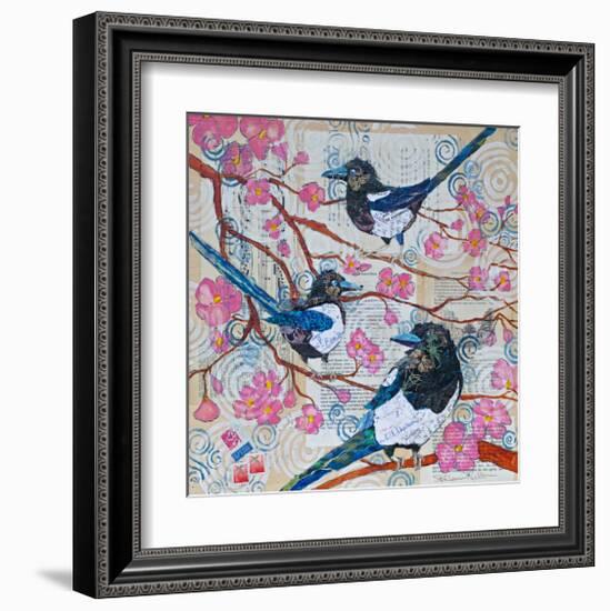 Magpies And Pink Blossoms-null-Framed Art Print