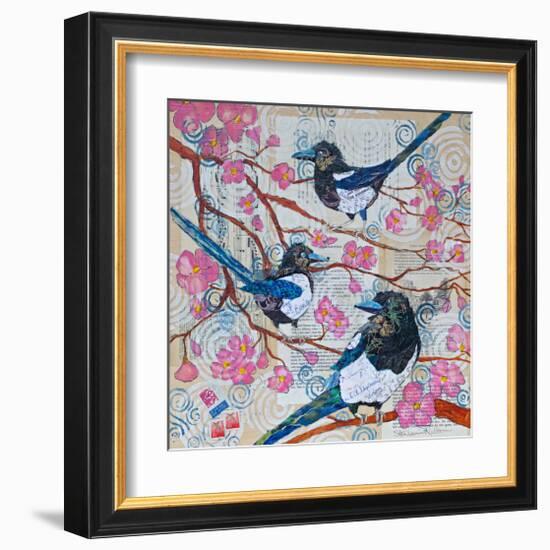 Magpies And Pink Blossoms-null-Framed Art Print