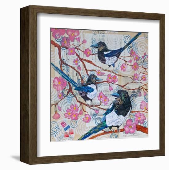 Magpies And Pink Blossoms-null-Framed Art Print