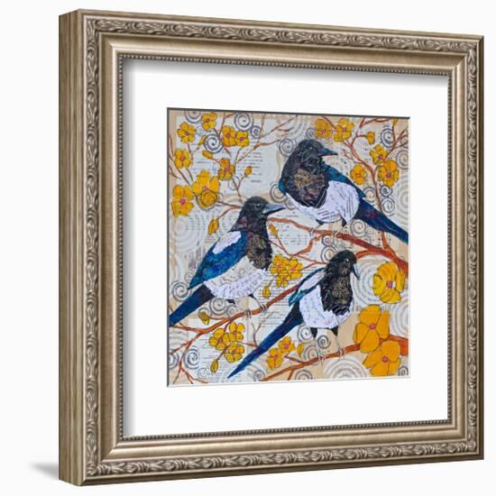 Magpies And Yellow Blossoms-null-Framed Art Print