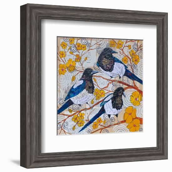 Magpies And Yellow Blossoms-null-Framed Art Print