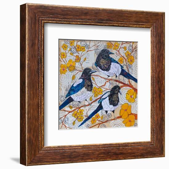 Magpies And Yellow Blossoms-null-Framed Art Print