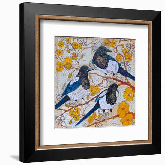 Magpies And Yellow Blossoms-null-Framed Art Print