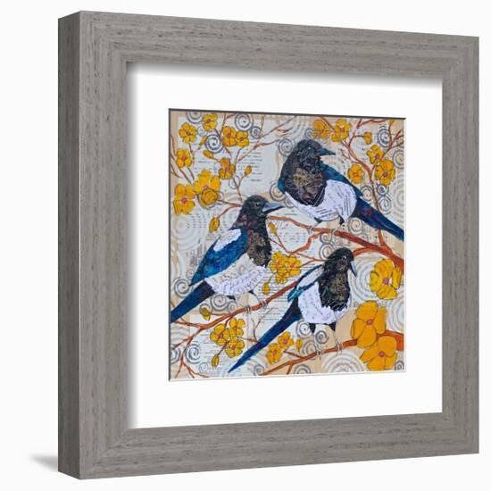 Magpies And Yellow Blossoms-null-Framed Art Print