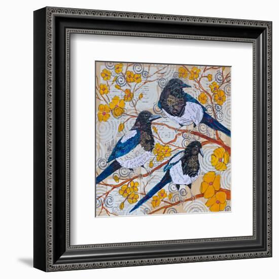 Magpies And Yellow Blossoms-null-Framed Art Print