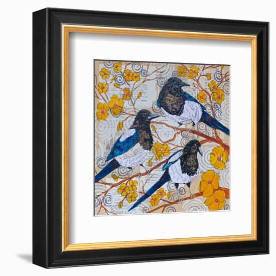 Magpies And Yellow Blossoms-null-Framed Art Print