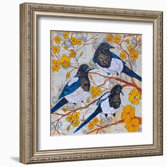 Magpies And Yellow Blossoms-null-Framed Art Print