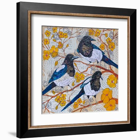 Magpies And Yellow Blossoms-null-Framed Art Print