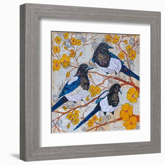 Magpies And Yellow Blossoms-null-Framed Art Print