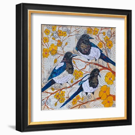 Magpies And Yellow Blossoms-null-Framed Art Print