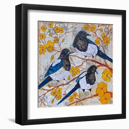 Magpies And Yellow Blossoms-null-Framed Art Print