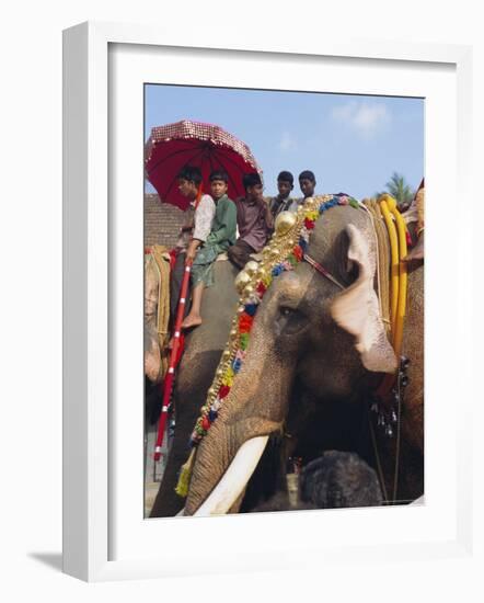 Mahoot and Boys on Decorated Elephants at a Roadside Festival, Kerala State, India, Asia-Robert Harding-Framed Photographic Print