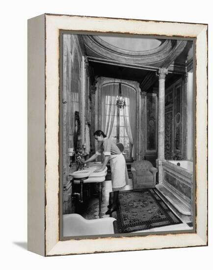 Maid Cleaning Ambassador Laurence A. Steinhardt's Residence Bathroom-Nat Farbman-Framed Premier Image Canvas