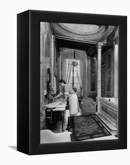 Maid Cleaning Ambassador Laurence A. Steinhardt's Residence Bathroom-Nat Farbman-Framed Premier Image Canvas
