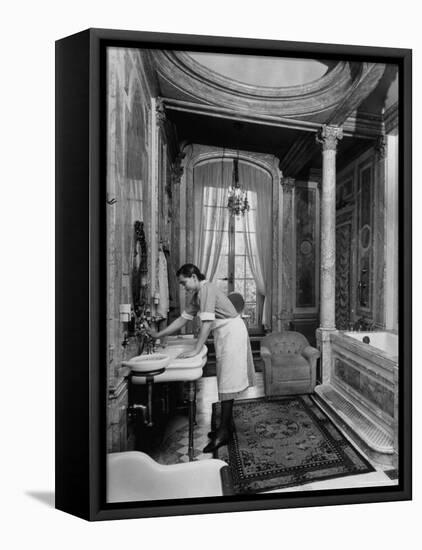 Maid Cleaning Ambassador Laurence A. Steinhardt's Residence Bathroom-Nat Farbman-Framed Premier Image Canvas