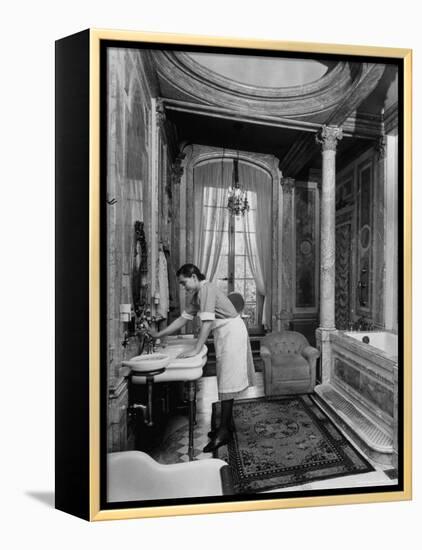 Maid Cleaning Ambassador Laurence A. Steinhardt's Residence Bathroom-Nat Farbman-Framed Premier Image Canvas
