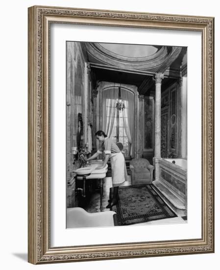 Maid Cleaning Ambassador Laurence A. Steinhardt's Residence Bathroom-Nat Farbman-Framed Photographic Print