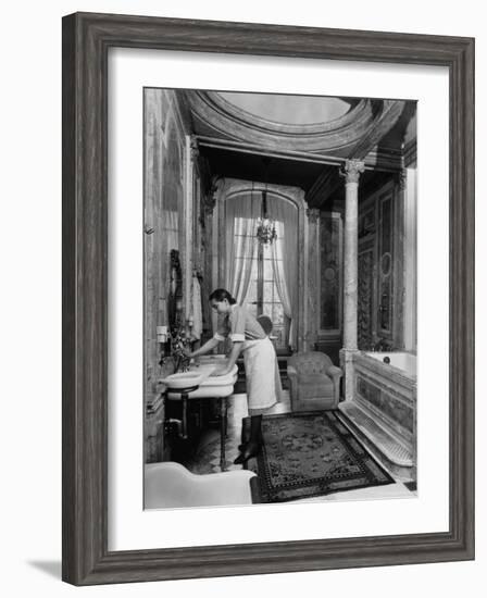 Maid Cleaning Ambassador Laurence A. Steinhardt's Residence Bathroom-Nat Farbman-Framed Photographic Print