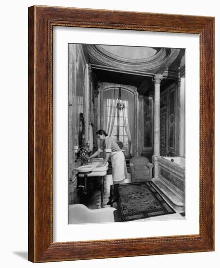 Maid Cleaning Ambassador Laurence A. Steinhardt's Residence Bathroom-Nat Farbman-Framed Photographic Print