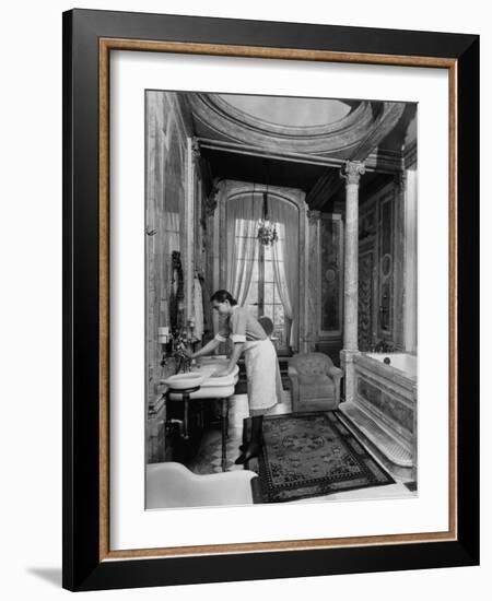 Maid Cleaning Ambassador Laurence A. Steinhardt's Residence Bathroom-Nat Farbman-Framed Photographic Print