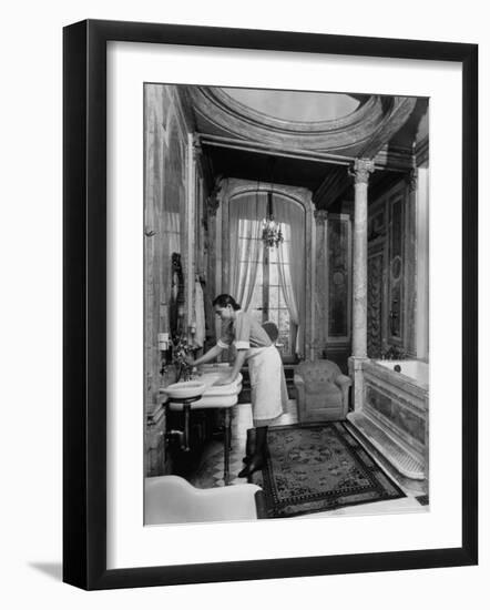 Maid Cleaning Ambassador Laurence A. Steinhardt's Residence Bathroom-Nat Farbman-Framed Photographic Print