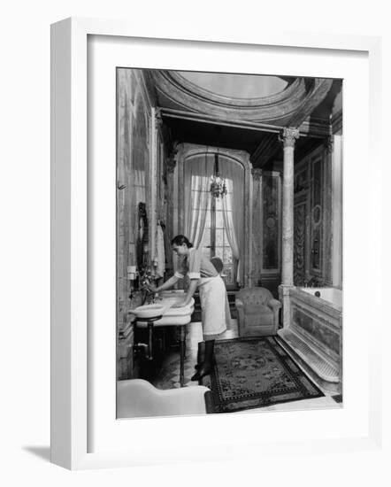 Maid Cleaning Ambassador Laurence A. Steinhardt's Residence Bathroom-Nat Farbman-Framed Photographic Print