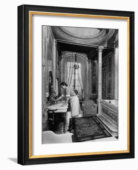 Maid Cleaning Ambassador Laurence A. Steinhardt's Residence Bathroom-Nat Farbman-Framed Photographic Print