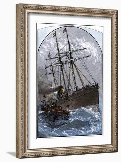 Mail Boat in a Gale Delivering to White Star Lines Steamer Germanic Off Sandy Hook, NJ, 1870s-null-Framed Giclee Print