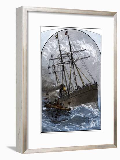 Mail Boat in a Gale Delivering to White Star Lines Steamer Germanic Off Sandy Hook, NJ, 1870s-null-Framed Giclee Print