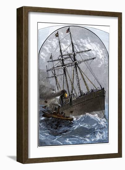 Mail Boat in a Gale Delivering to White Star Lines Steamer Germanic Off Sandy Hook, NJ, 1870s-null-Framed Giclee Print