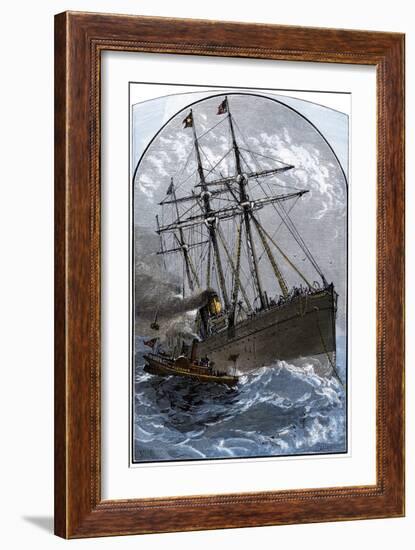 Mail Boat in a Gale Delivering to White Star Lines Steamer Germanic Off Sandy Hook, NJ, 1870s-null-Framed Giclee Print