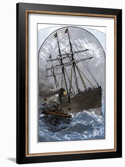 Mail Boat in a Gale Delivering to White Star Lines Steamer Germanic Off Sandy Hook, NJ, 1870s-null-Framed Giclee Print