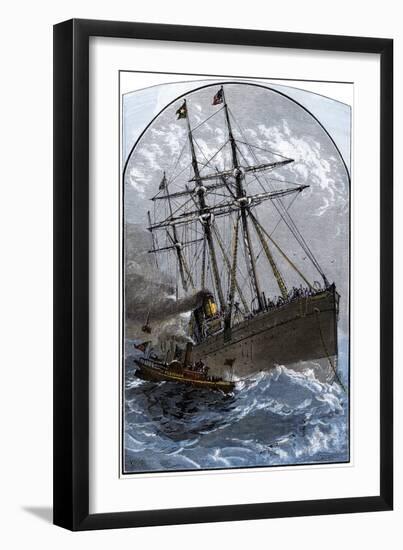 Mail Boat in a Gale Delivering to White Star Lines Steamer Germanic Off Sandy Hook, NJ, 1870s-null-Framed Giclee Print