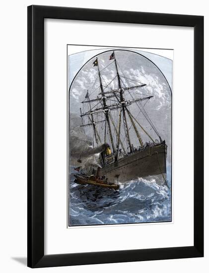 Mail Boat in a Gale Delivering to White Star Lines Steamer Germanic Off Sandy Hook, NJ, 1870s-null-Framed Giclee Print