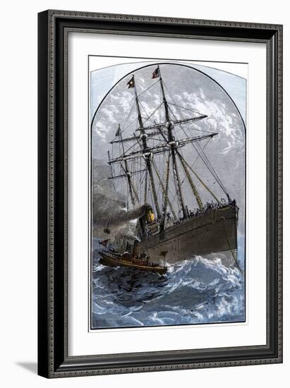 Mail Boat in a Gale Delivering to White Star Lines Steamer Germanic Off Sandy Hook, NJ, 1870s-null-Framed Giclee Print