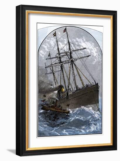 Mail Boat in a Gale Delivering to White Star Lines Steamer Germanic Off Sandy Hook, NJ, 1870s-null-Framed Giclee Print