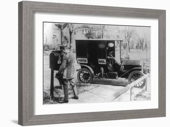 Mail Carrier with "United Mail" Automobile Photograph-Lantern Press-Framed Art Print
