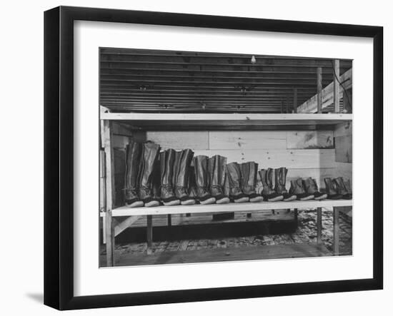 Mail Order Co. LL Bean's Famous Maine Hunting Shoes Lined Up by Size from 6 1/2 to 18 In-George Strock-Framed Photographic Print