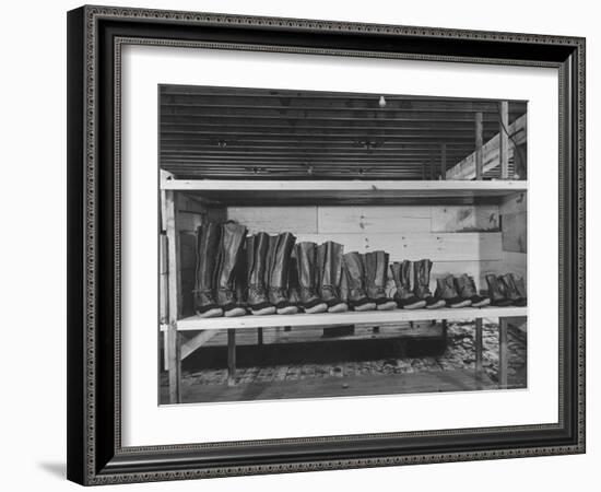 Mail Order Co. LL Bean's Famous Maine Hunting Shoes Lined Up by Size from 6 1/2 to 18 In-George Strock-Framed Photographic Print