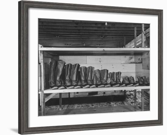 Mail Order Co. LL Bean's Famous Maine Hunting Shoes Lined Up by Size from 6 1/2 to 18 In-George Strock-Framed Photographic Print