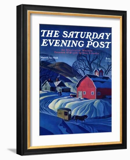 "Mail Wagon in Snowy Landscape," Saturday Evening Post Cover, March 14, 1942-Dale Nichols-Framed Giclee Print