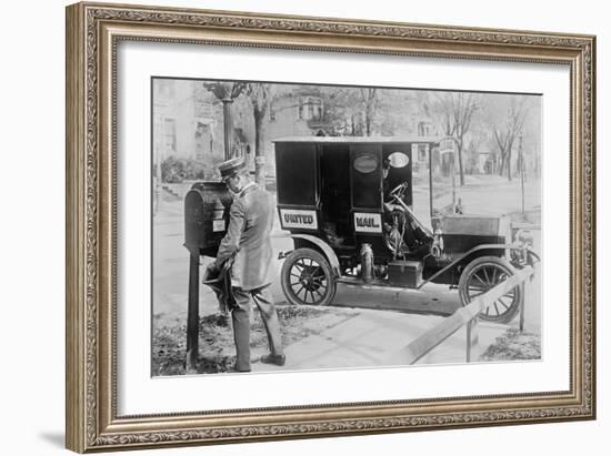 Mailman at Post Box with His Truck Parked at the Curb-null-Framed Art Print