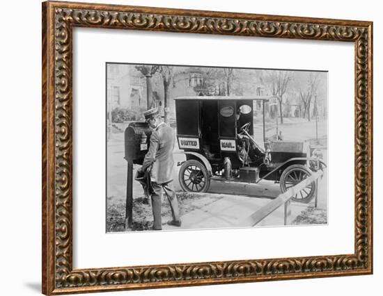 Mailman at Post Box with His Truck Parked at the Curb-null-Framed Art Print