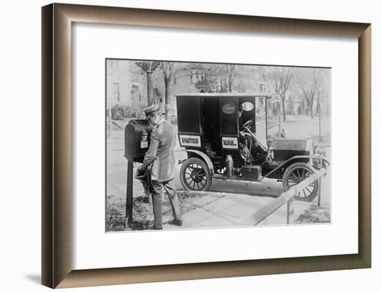 Mailman at Post Box with His Truck Parked at the Curb-null-Framed Art Print