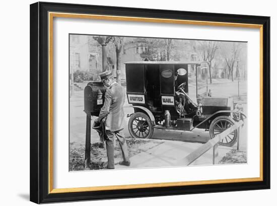 Mailman at Post Box with His Truck Parked at the Curb-null-Framed Art Print