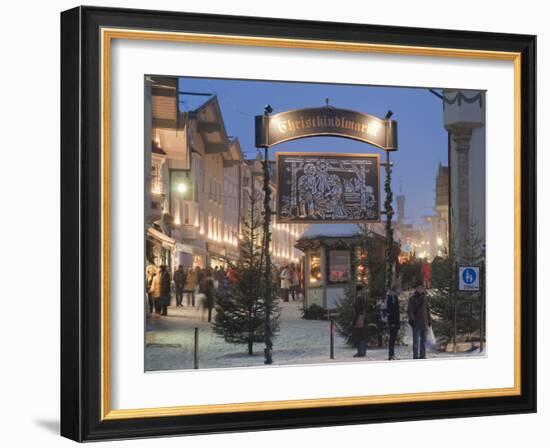 Main Entrance to Christkindlmarkt (Christmas Market), Marktstrasse at Twilight, Bavaria-Richard Nebesky-Framed Photographic Print